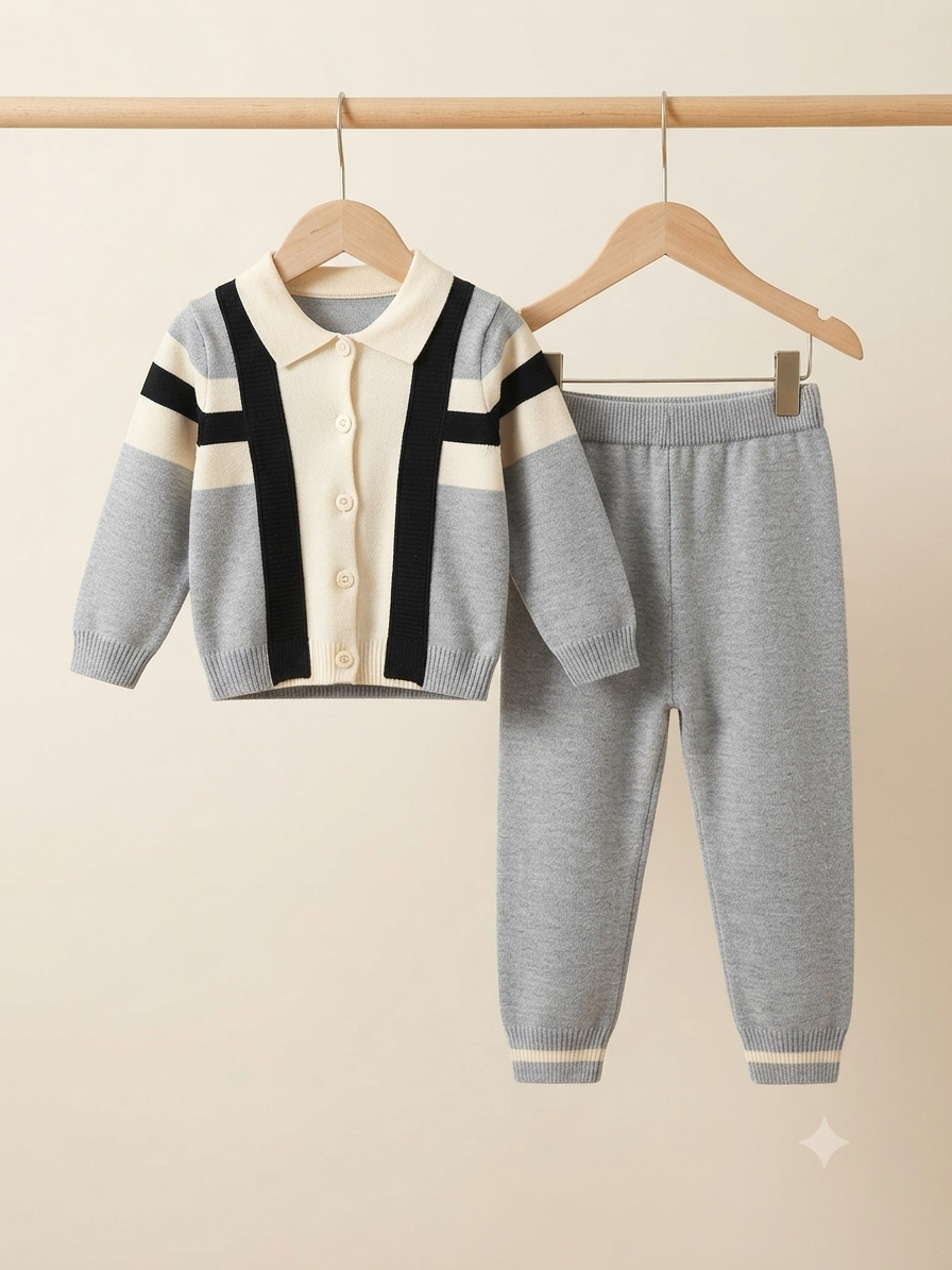 Kids Fashion Knitwear Colorblock Cardigan And Full Length Trouser Matching Winter Outfit Set