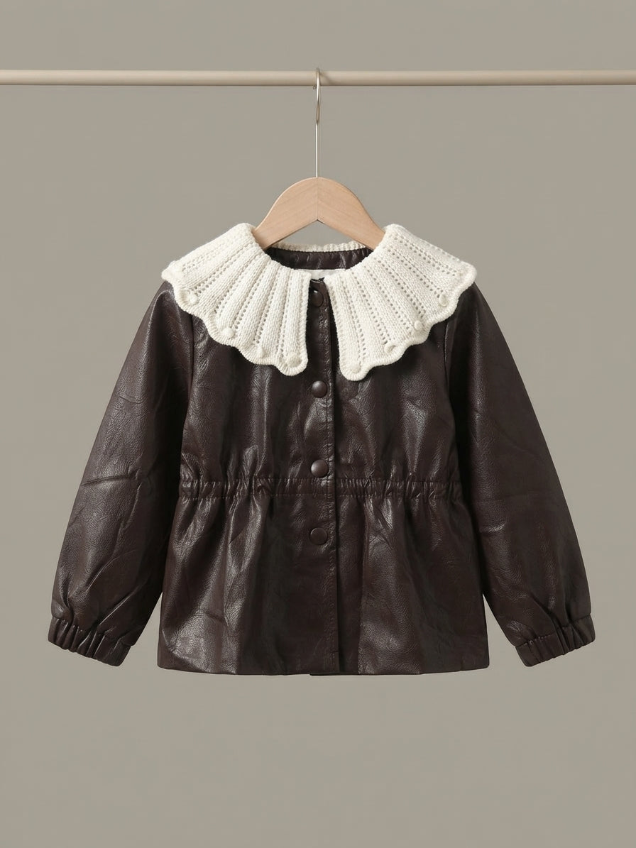 Stylish Kids Faux Leather Jacket With Knitted White Collar Winter Outerwear Coat