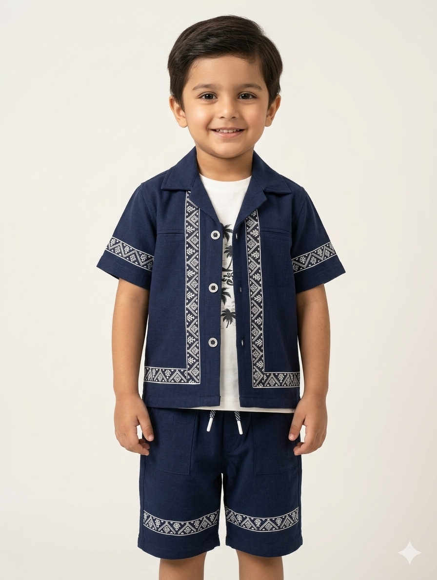 Boys' Two-Piece Embroidered Cuban Collar Shirt and Shorts Set in Navy and Charcoal