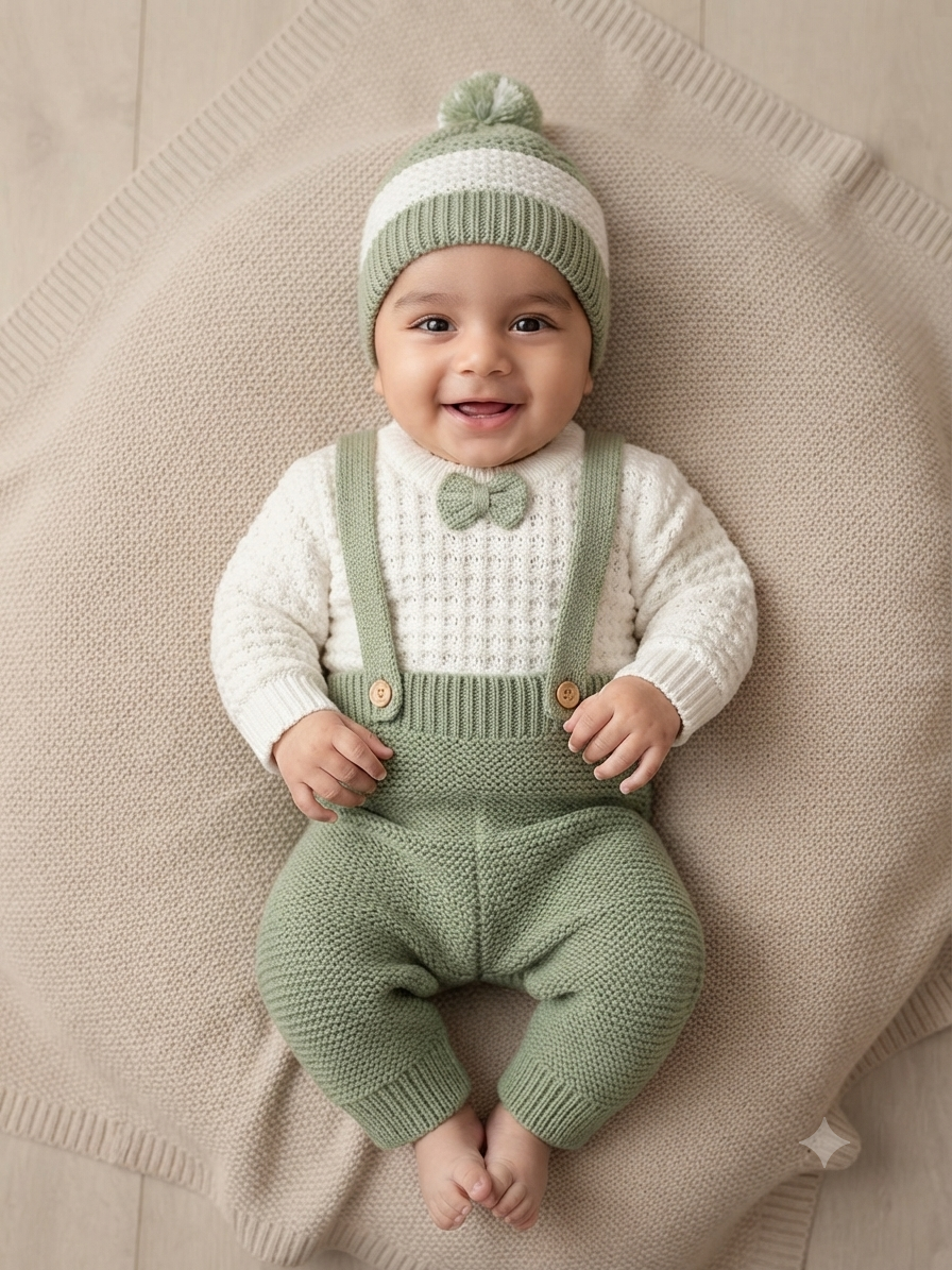 Cute baby knitwear outfit set with long-sleeve sweater, overalls, and matching beanie hat.