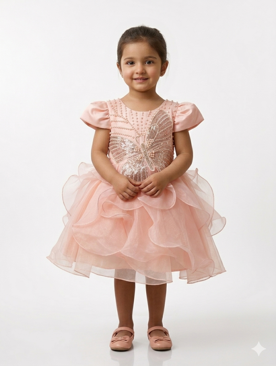 Sparkly Butterfly Sequin Girls Party Dress with Ruffled Organza Skirt and Elegant Pearl Accents