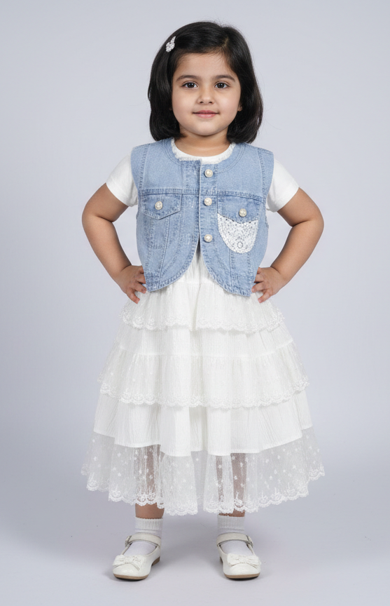 Girls Elegant White Lace Tiered Dress Paired With A Stylish Embellished Denim Waistcoat Vest