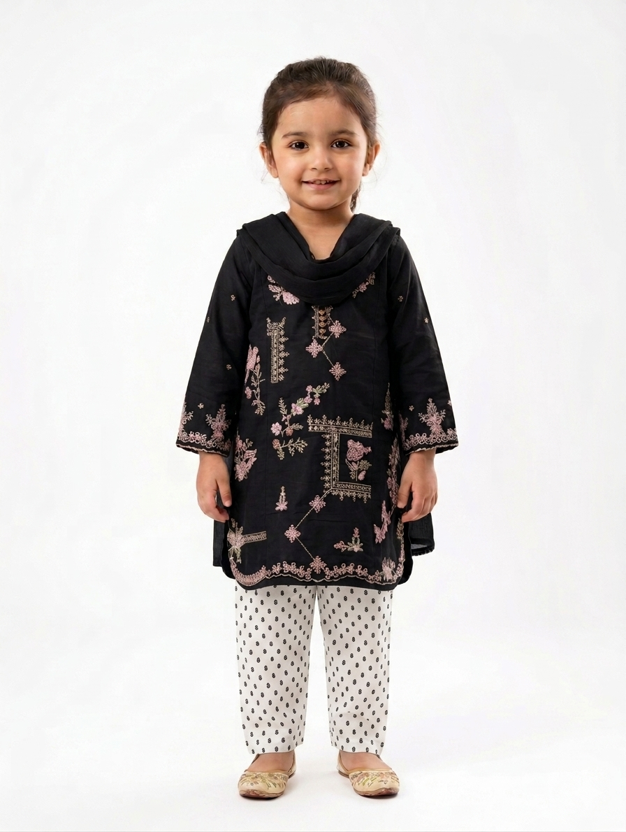 Elegant Toddler Girls Embroidered Ethnic Tunic and Patterned Trouser Set with Matching Dupatta