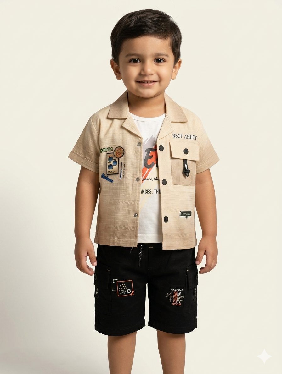 Boys Trendy 3-Piece Summer Cargo Shorts and Graphic Tee Set with Utility Button-Down