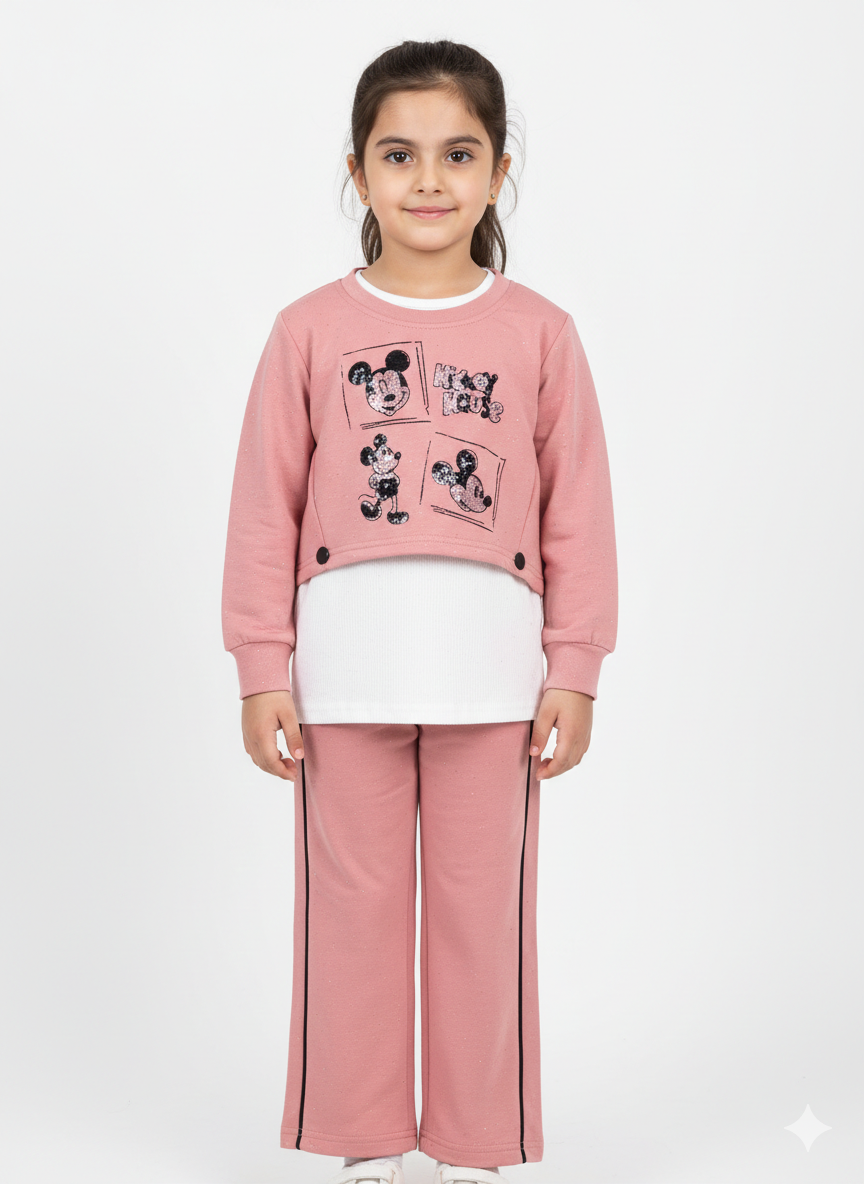 Girls' Three-Piece Mickey Mouse Graphic Sweatshirt Set with Layered Top and Matching Jogger Pants