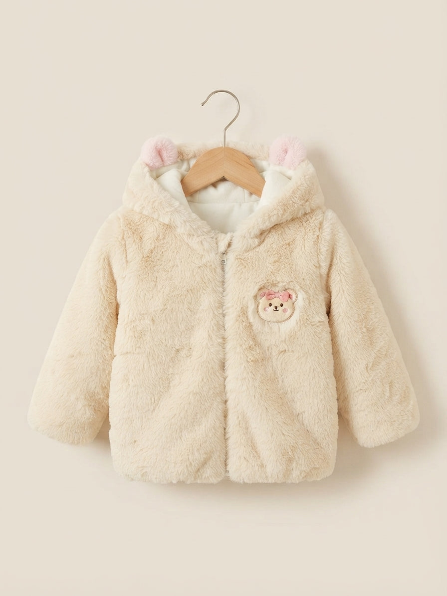 Kids Cute Bear Ear Hooded Faux Fur Zip Up Jacket Winter Warm Coat