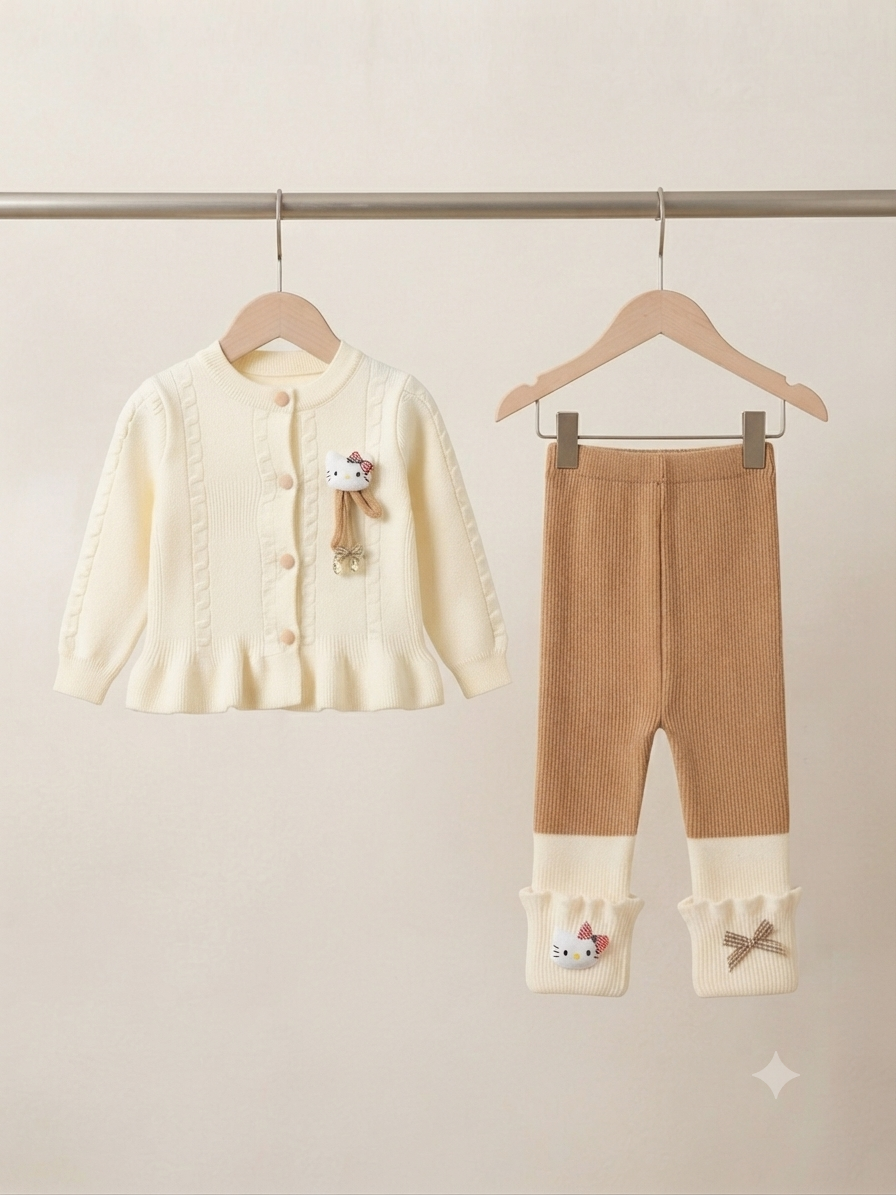 Chic Knitted Cardigan And Full Length Trouser Set With Cute Cartoon Accents