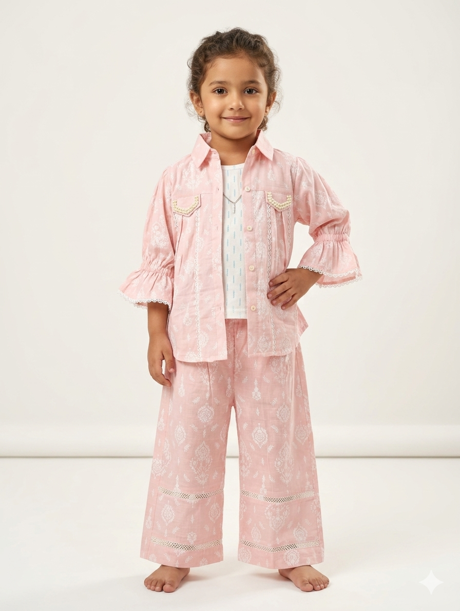 Chic 3-Piece Printed Lawn Fusion Set for Girls - Includes Shirt, Inner Top, and Trousers