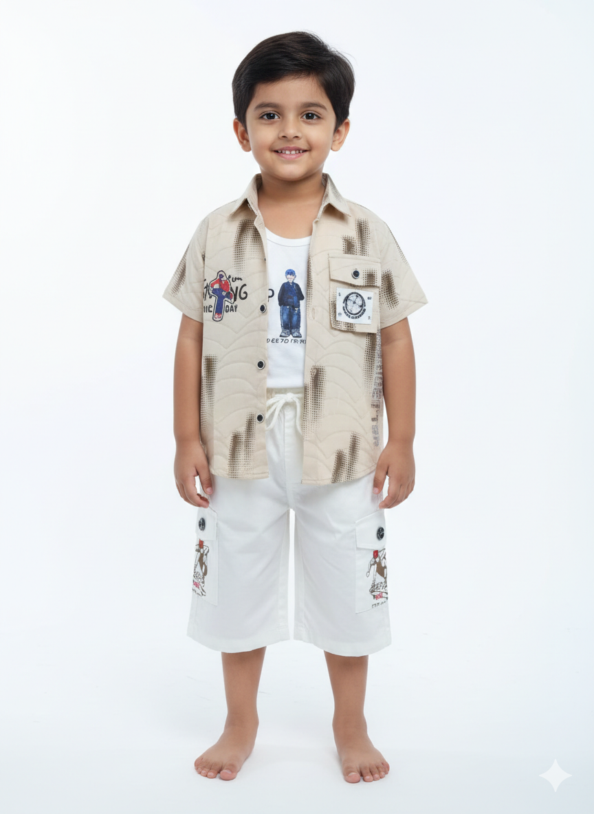 Boys' Urban Explorer Three-Piece Beige and White Cargo Short Set with Graphic Button-Down Shirt