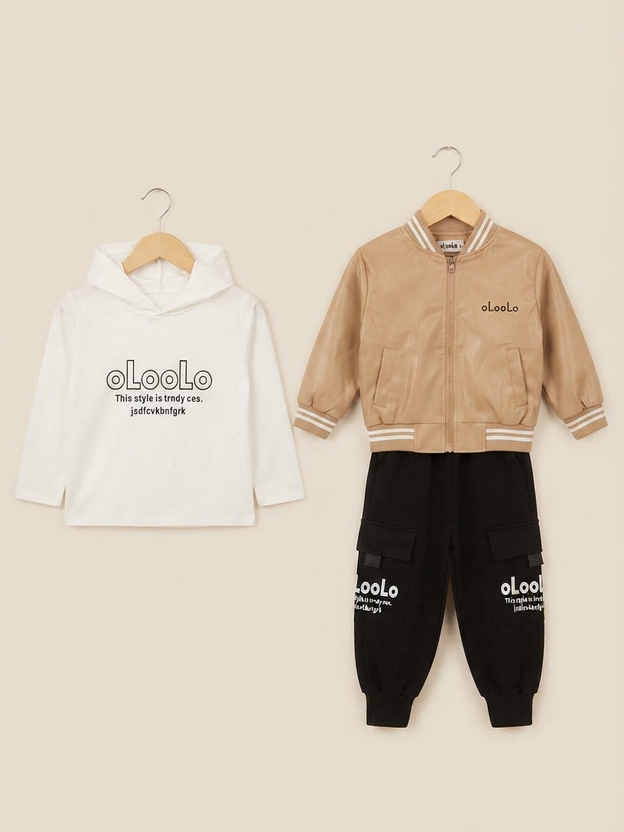 Stylish Boys Faux Leather Bomber Jacket Hooded Shirt And Cargo Trousers Outfit Set