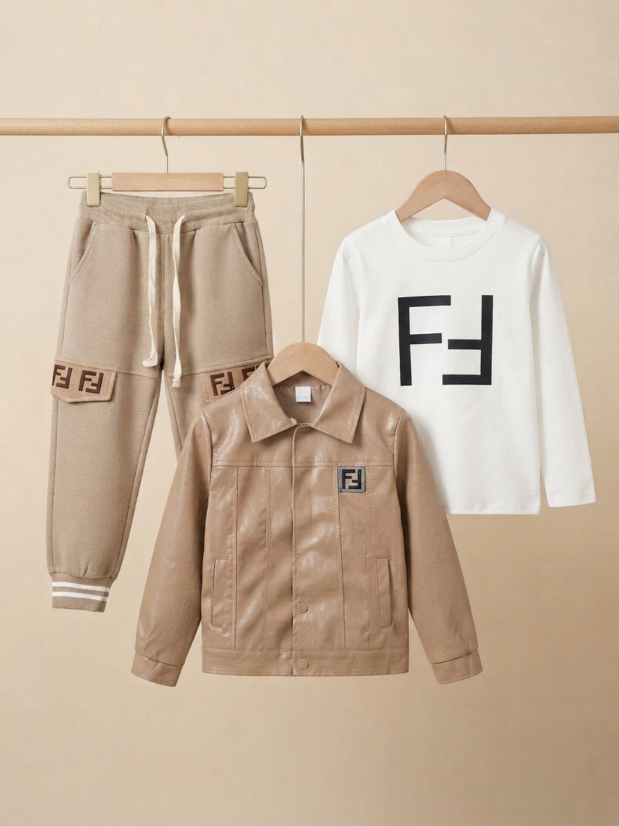 Kids Designer Style Leather Jacket Crewneck Shirt And Cargo Trouser 3 Piece Set
