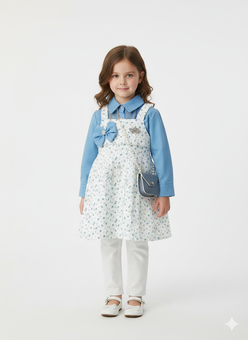 Elegant 2-Piece Floral Pinafore Dress Set with Matching Crossbody Bag for Little Girls