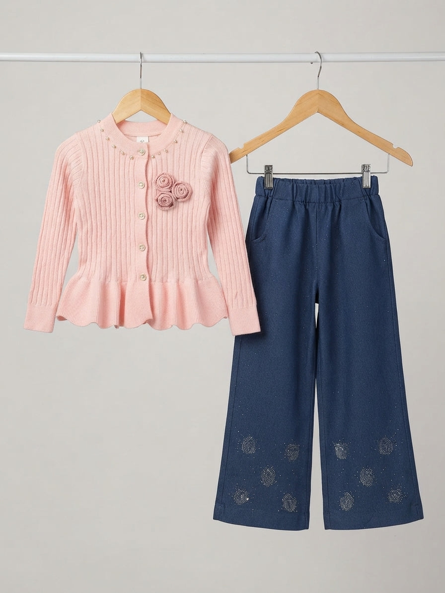 Stylish Kids Two Piece Outfit Set With Beaded Collar Knitted Sweater And Pent