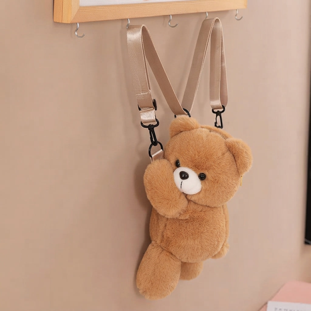Cute Fluffy Beige Teddy Bear Plush Backpack Soft Fur Bag For Kids