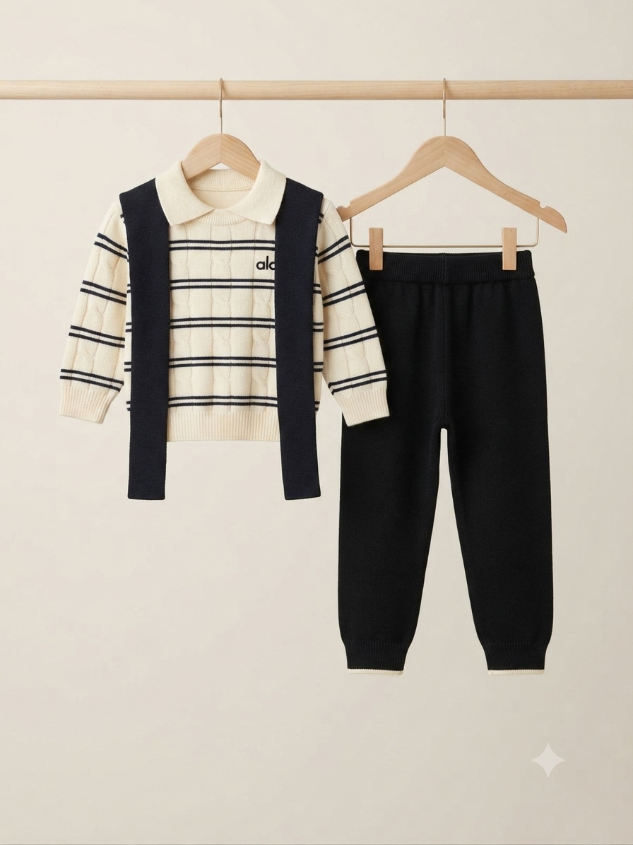 Cozy Knit Striped Sweater And Matching Jogger Pants Outfit Set For Casual Winter Wear