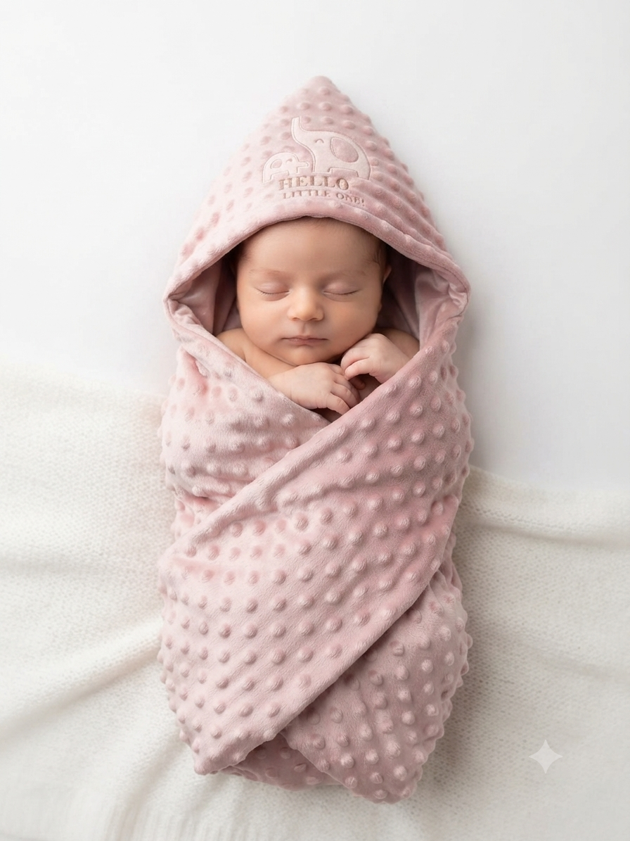 Soft Plush Newborn Swaddle Blanket With Elephant Hood Hello Little One Embroidery Detail