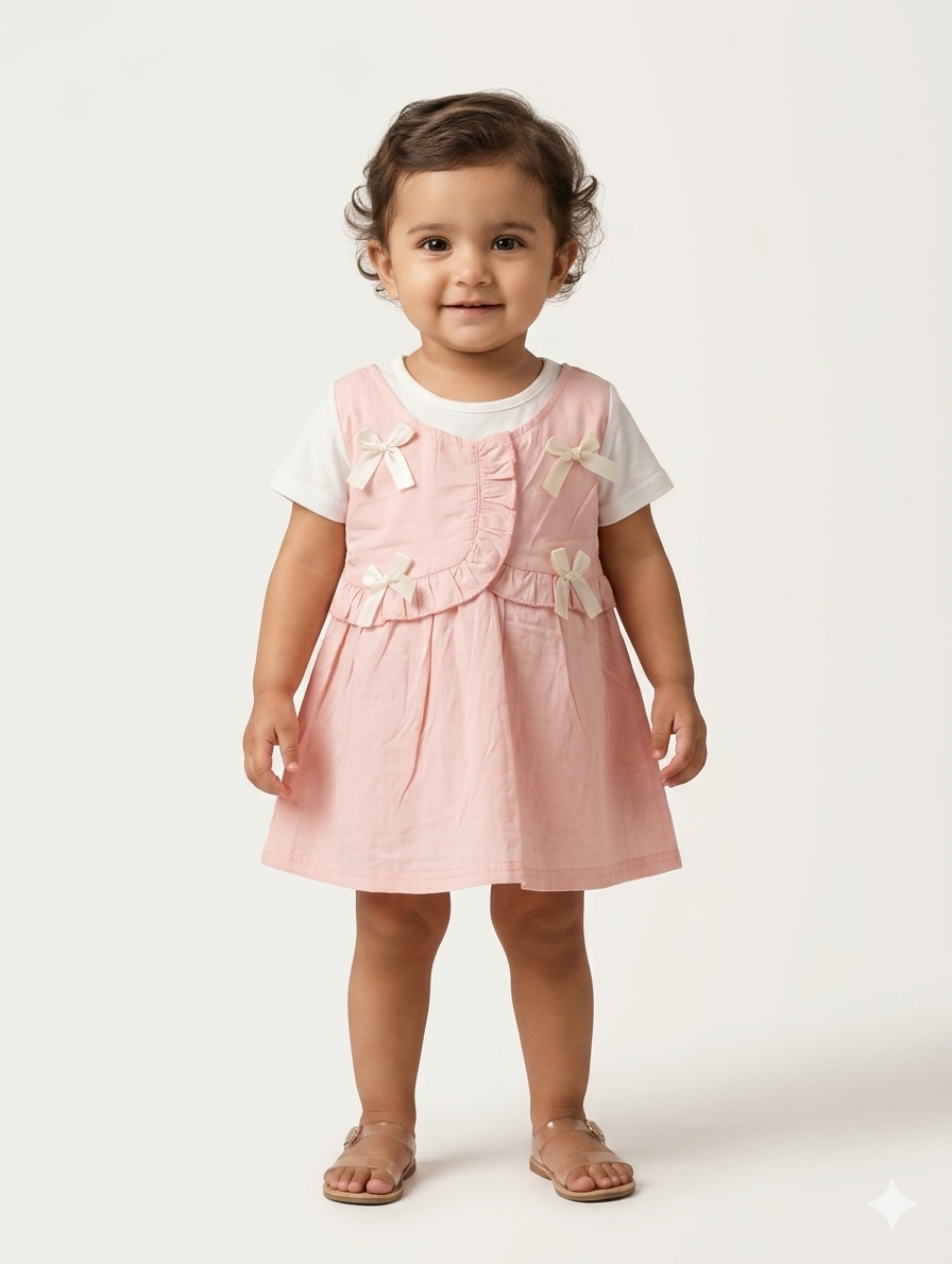 Toddler Girls Charming Sleeveless Ruffle Bow Dress with Layered White Inner Tee Three Color Pack