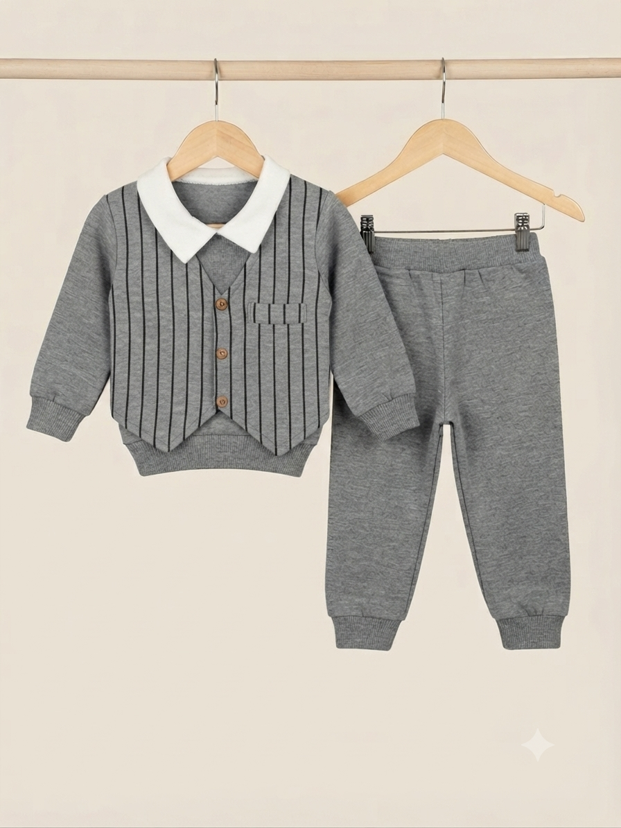 Kids Stylish Fake Waistcoat Style Shirt And Full Length Trouser Winter Outfit Set