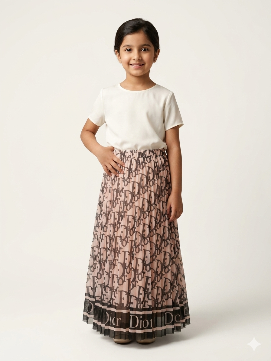 Girls Authentic Dior Monogram Pleated Long Skirt - Luxury Designer Kids Fashion