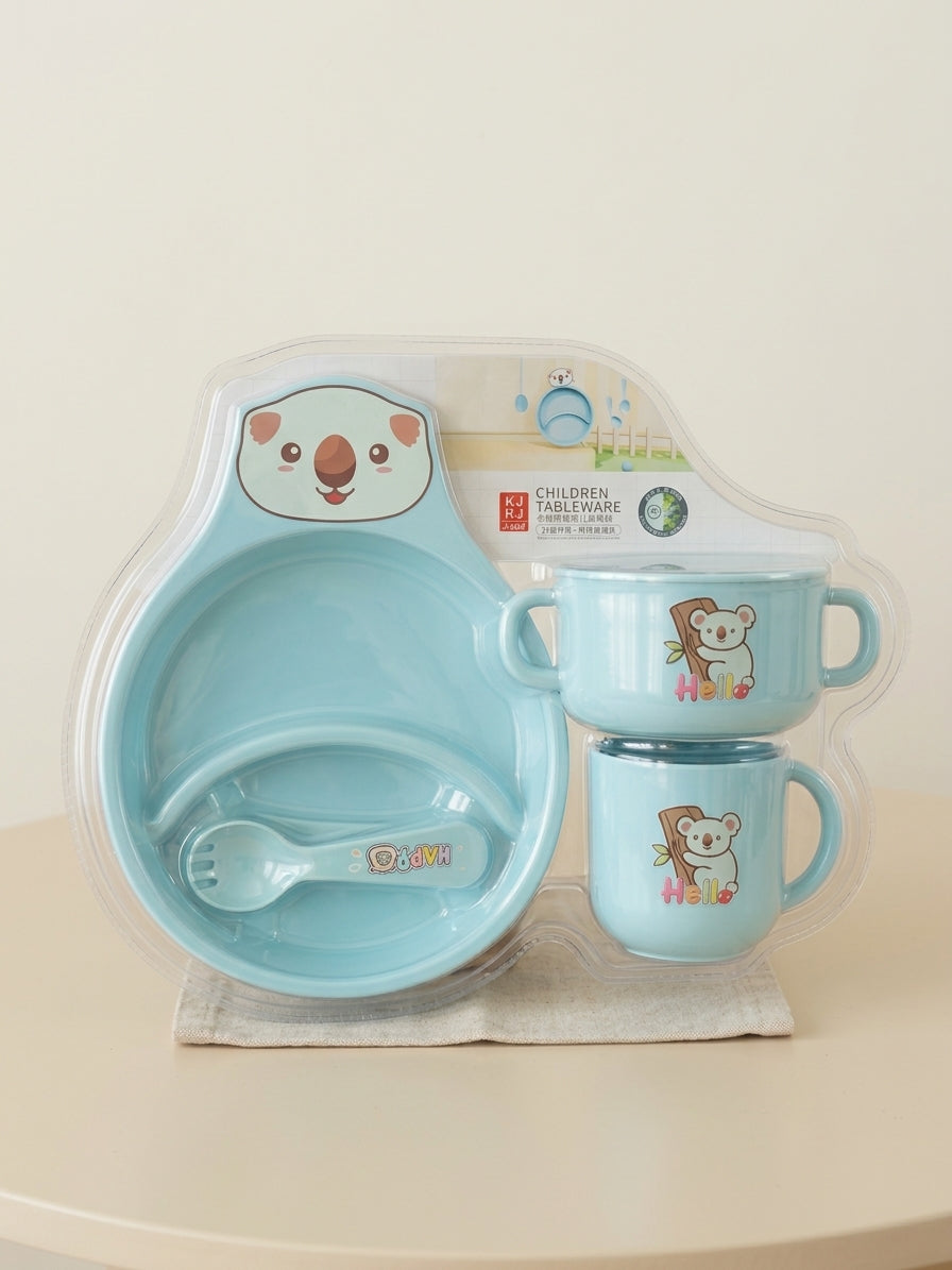 Kids Stainless Steel Compartment Feeding Set Cute Koala Plate Bowl Cup Spoon Set