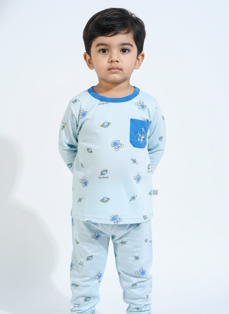 China Imported Kids Night Suit – Space Ship & Spaceman Print | Soft Cotton Nightwear