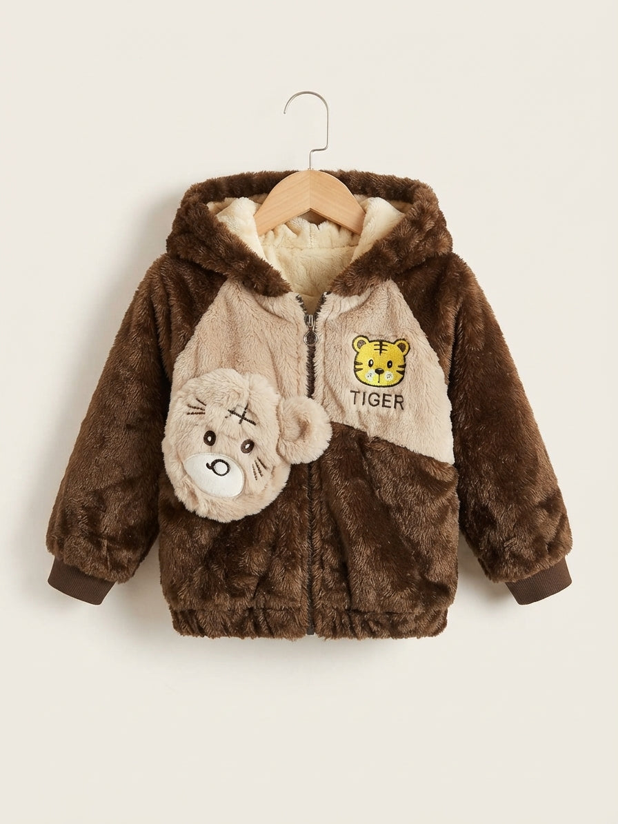 Kids Fluffy Furry Hooded Jacket And Matching Cute Animal Face Sling Bag Set