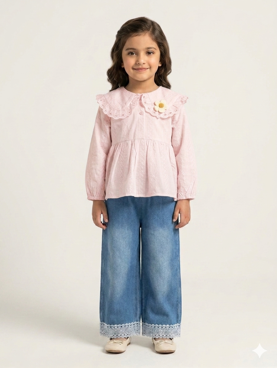 Girls' Elegant Embroidered Eyelet Blouse and Lace Trim Wide Leg Denim Jeans Two-Piece Set