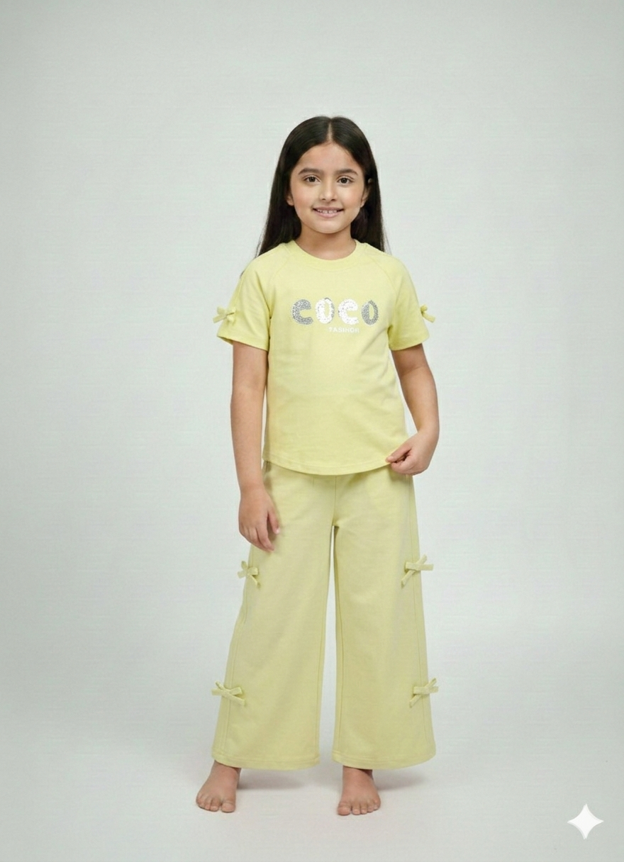 Girls' Two-Piece COCO Fashion Ribbed Knit Tee and Wide-Leg Bow-Accent Pant Set