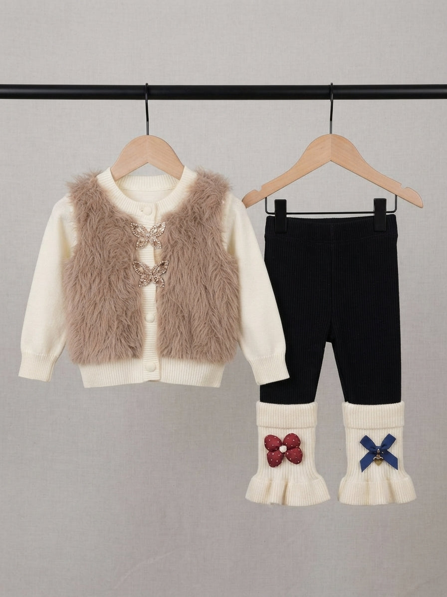 Girls Faux Fur Cardigan And Ruffled Legging 2-Piece Winter Outfit Set