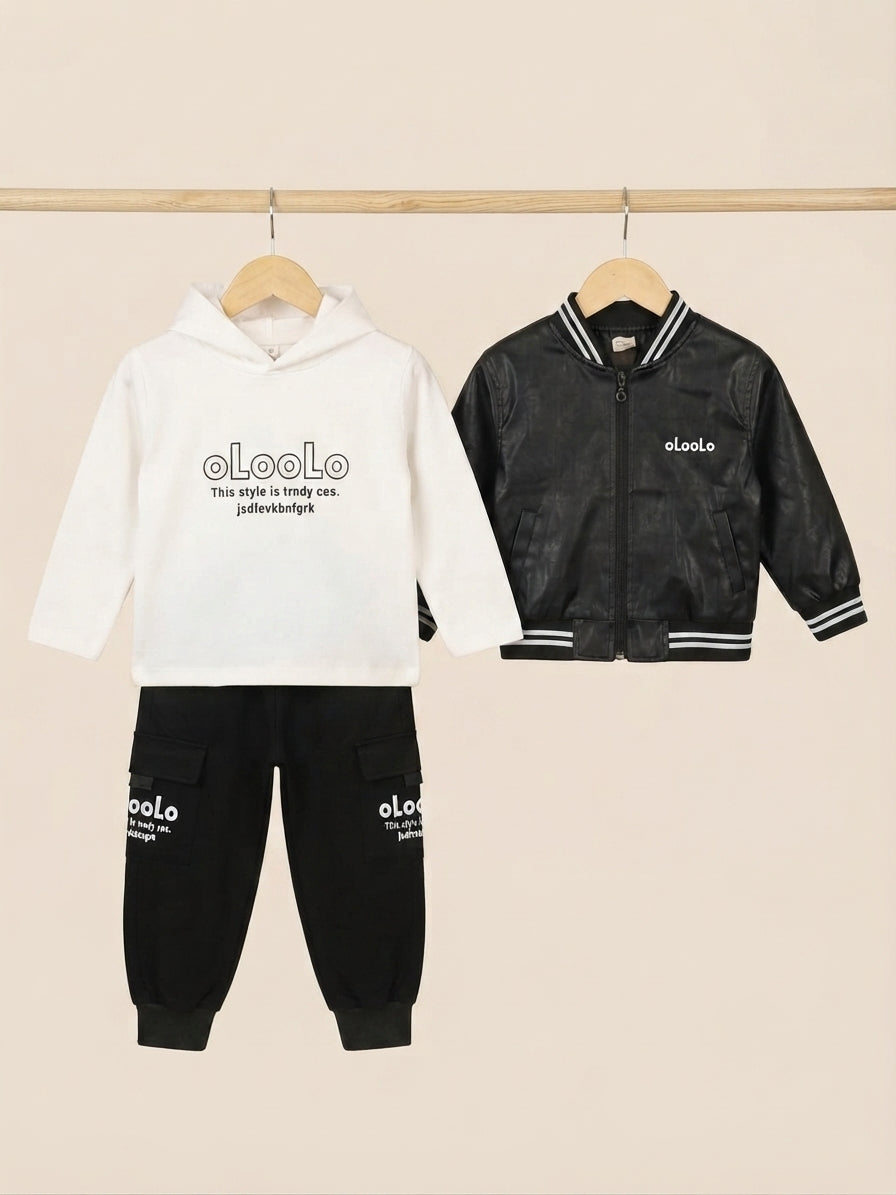 Stylish Boys Faux Leather Bomber Jacket Hooded Shirt And Cargo Trousers Outfit Set