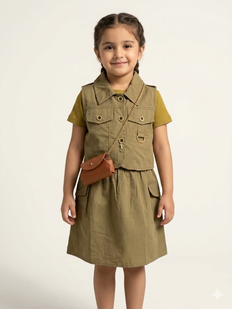 Stylish Utility Cargo Vest and Skirt Set for Girls with Matching Mini Bag