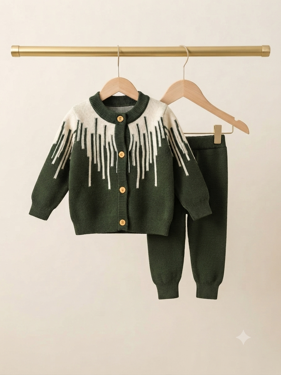 Stylish Kids Winter Knitted Button Closure Cardigan And Full Length Trouser Set