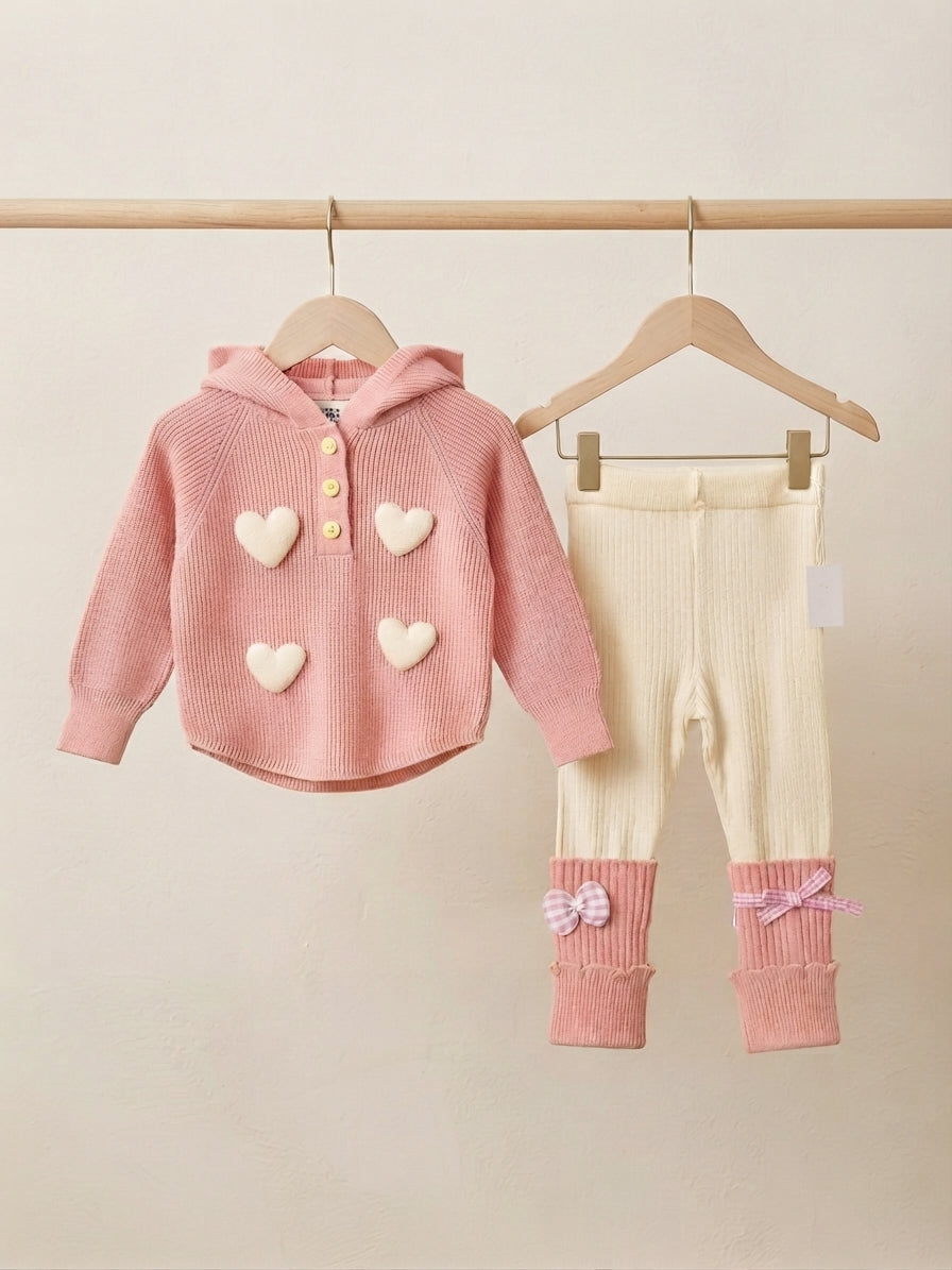 Adorable Kids Winter Knitwear Outfit Set Featuring Hooded Sweater And Cute Matching Trousers