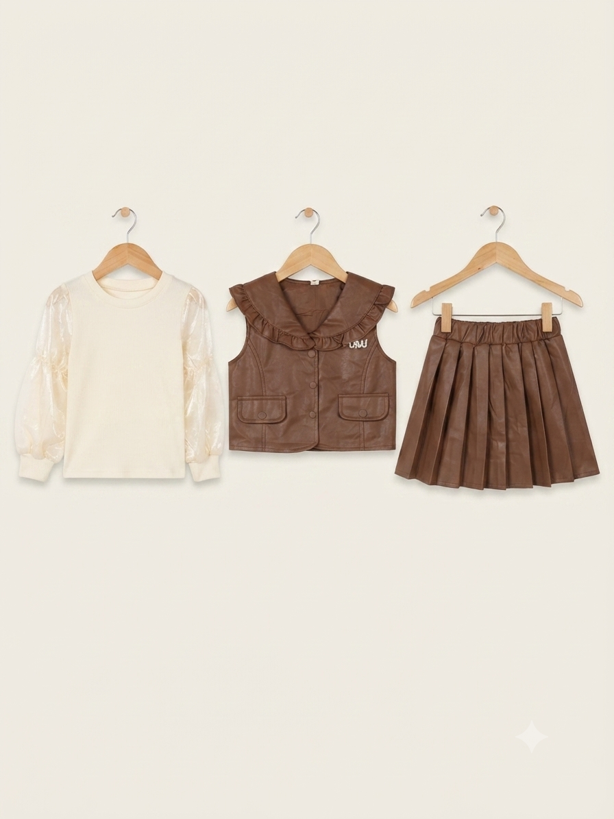 Girls Stylish 3 Piece Outfit Set Puff Sleeve Top Vest And Pleated Skirt