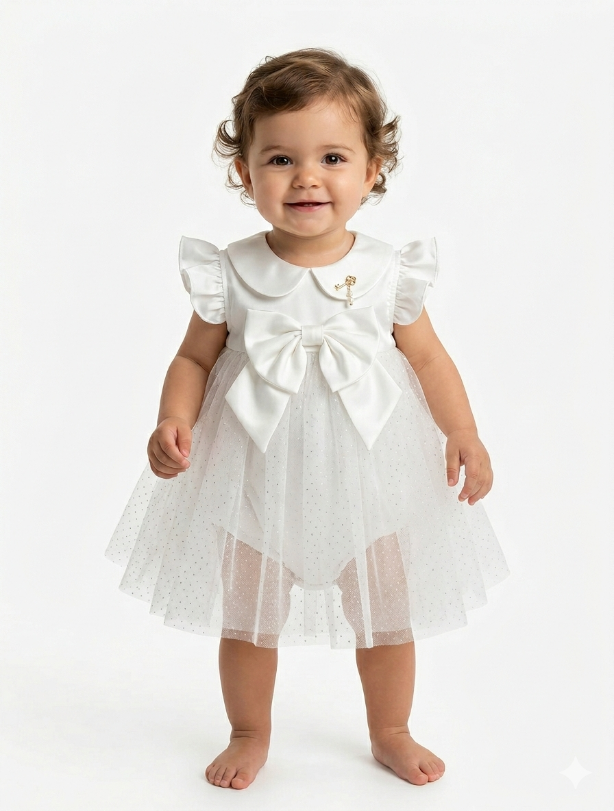 Baby Girls' Elegant Peter Pan Collar Tulle Tutu Dress with Oversized Bow Detail
