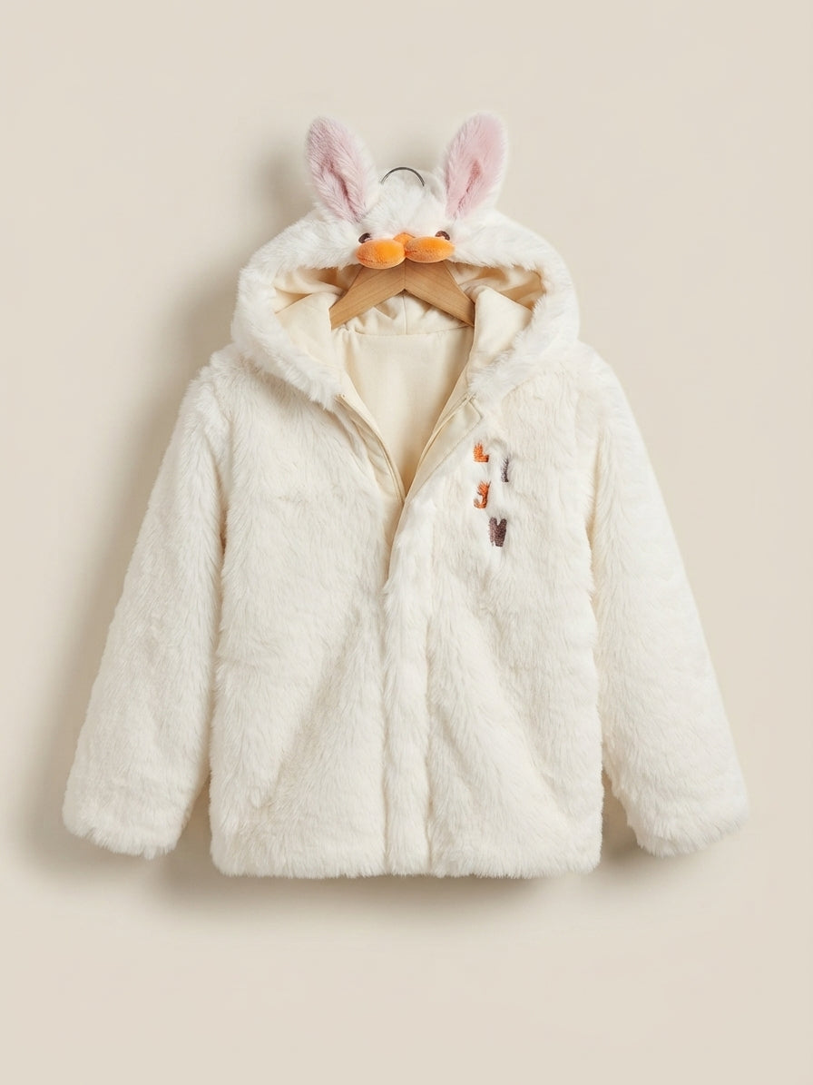 Cute Kids Bunny Ear Hooded Faux Fur Jacket Soft Winter Warm Outerwear Coat