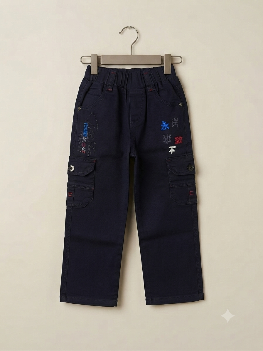 Stylish boys cargo denim pants featuring utility pockets, embroidered details, and a comfortable elastic waistband.