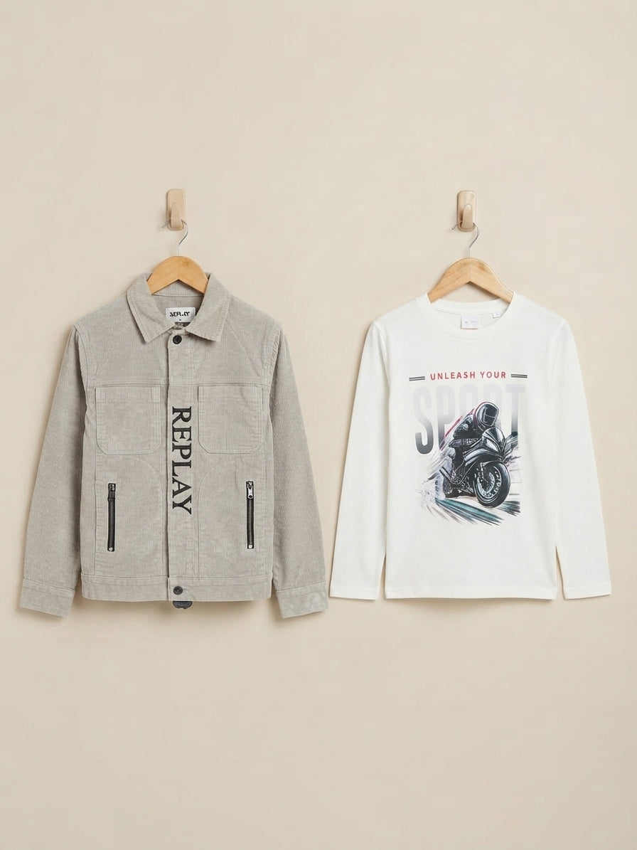Stylish Boys Corduroy Jacket And Graphic T-Shirt Combo For Casual Daily Outfits