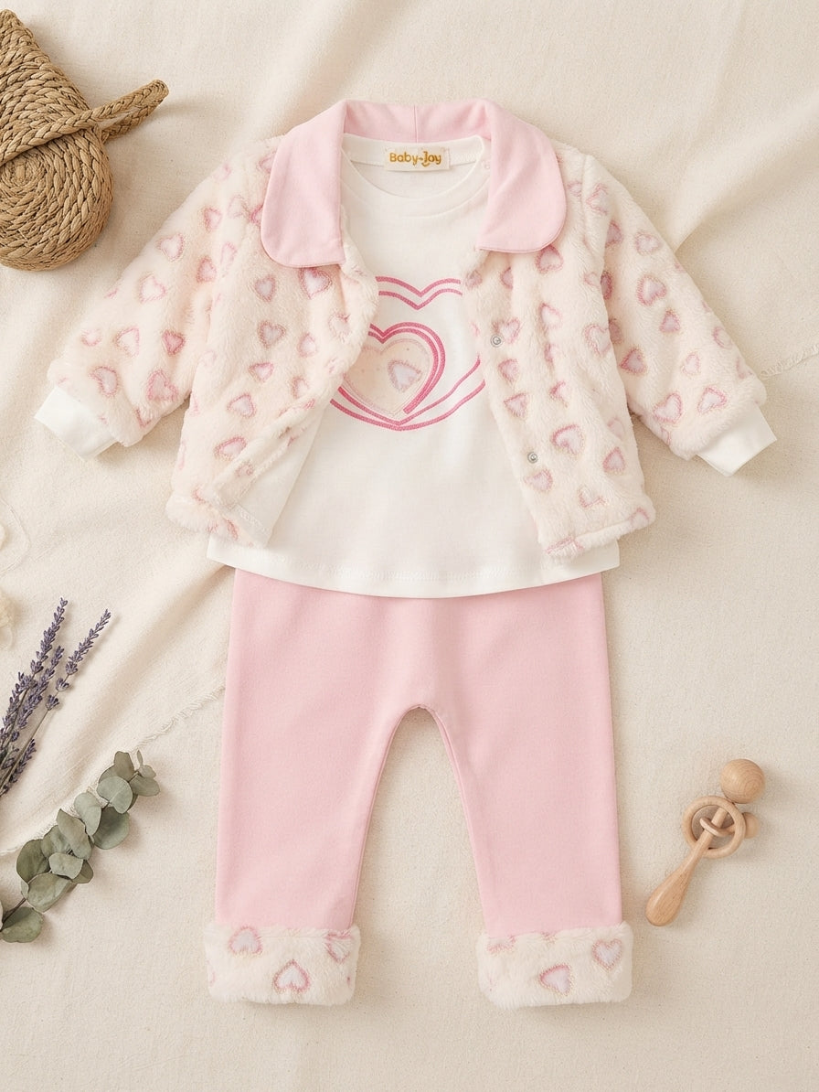 Imported Turkish Baby Girl Pink Fuffy Furry Jacket And Trousers Outfit Set