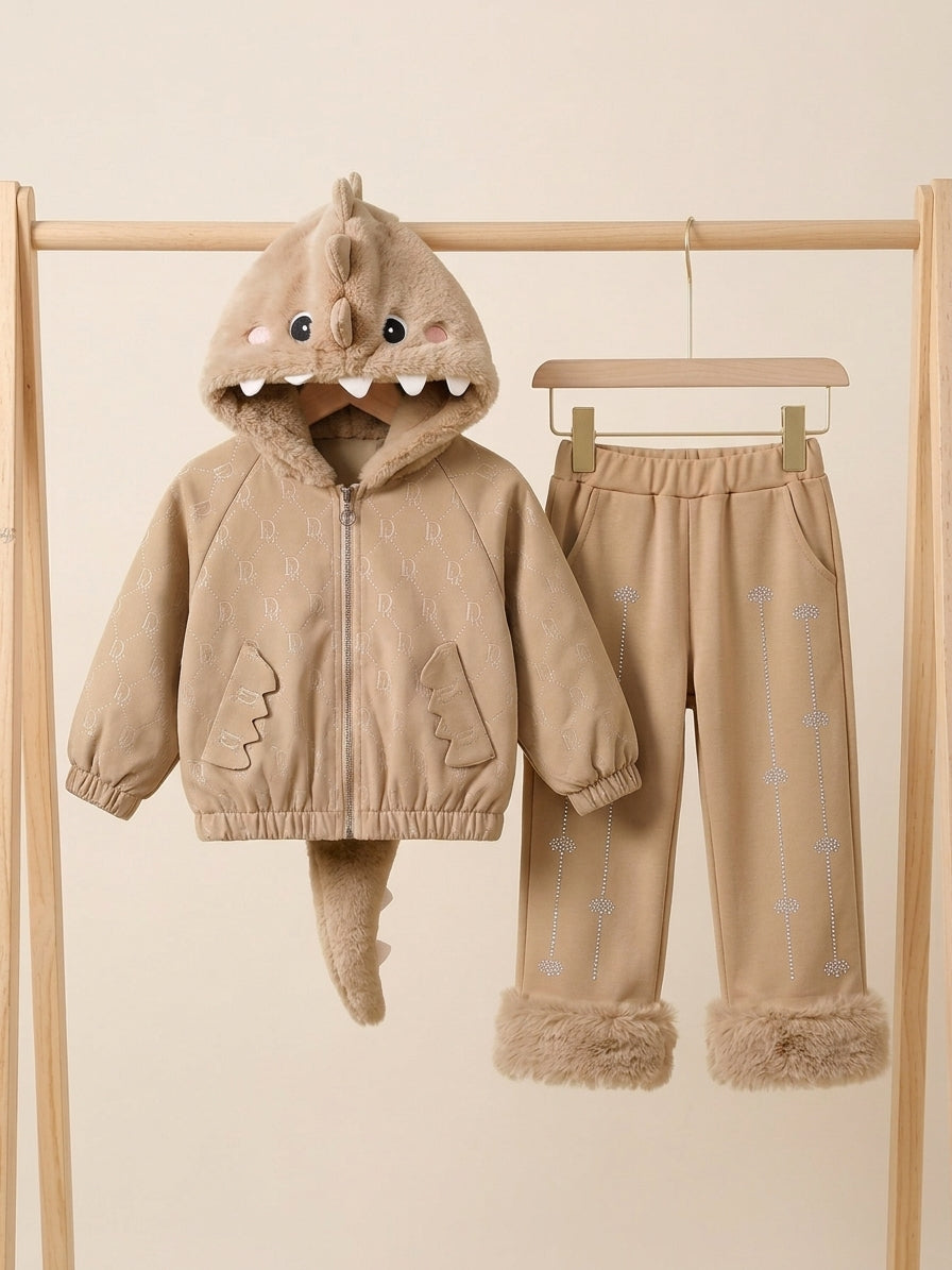Cute Unisex Kids Dinosaur Plush Hooded Jacket and Matching Trousers Winter Suit Set