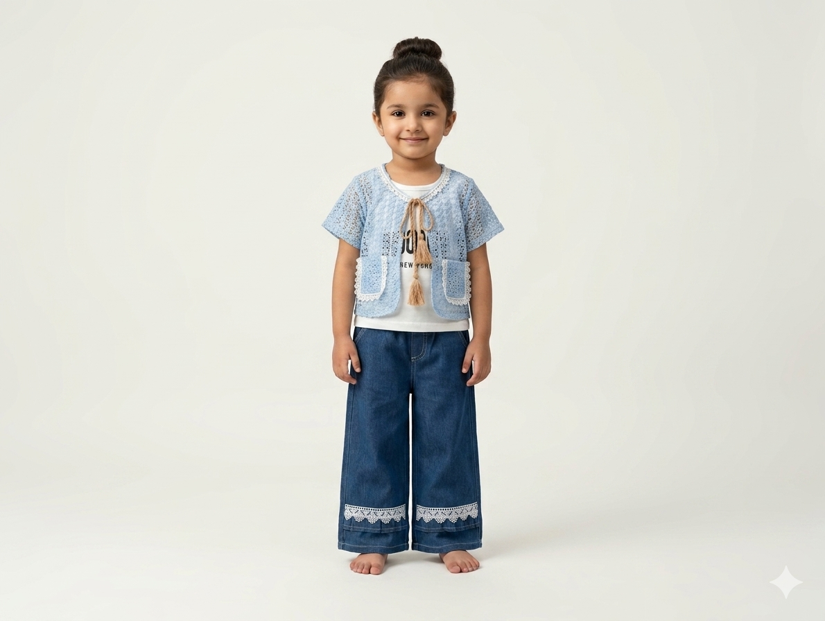 Boho-Chic Toddler Girls Crochet Lace Waistcoat and Wide Leg Denim Trousers Stylish Two-Piece Set