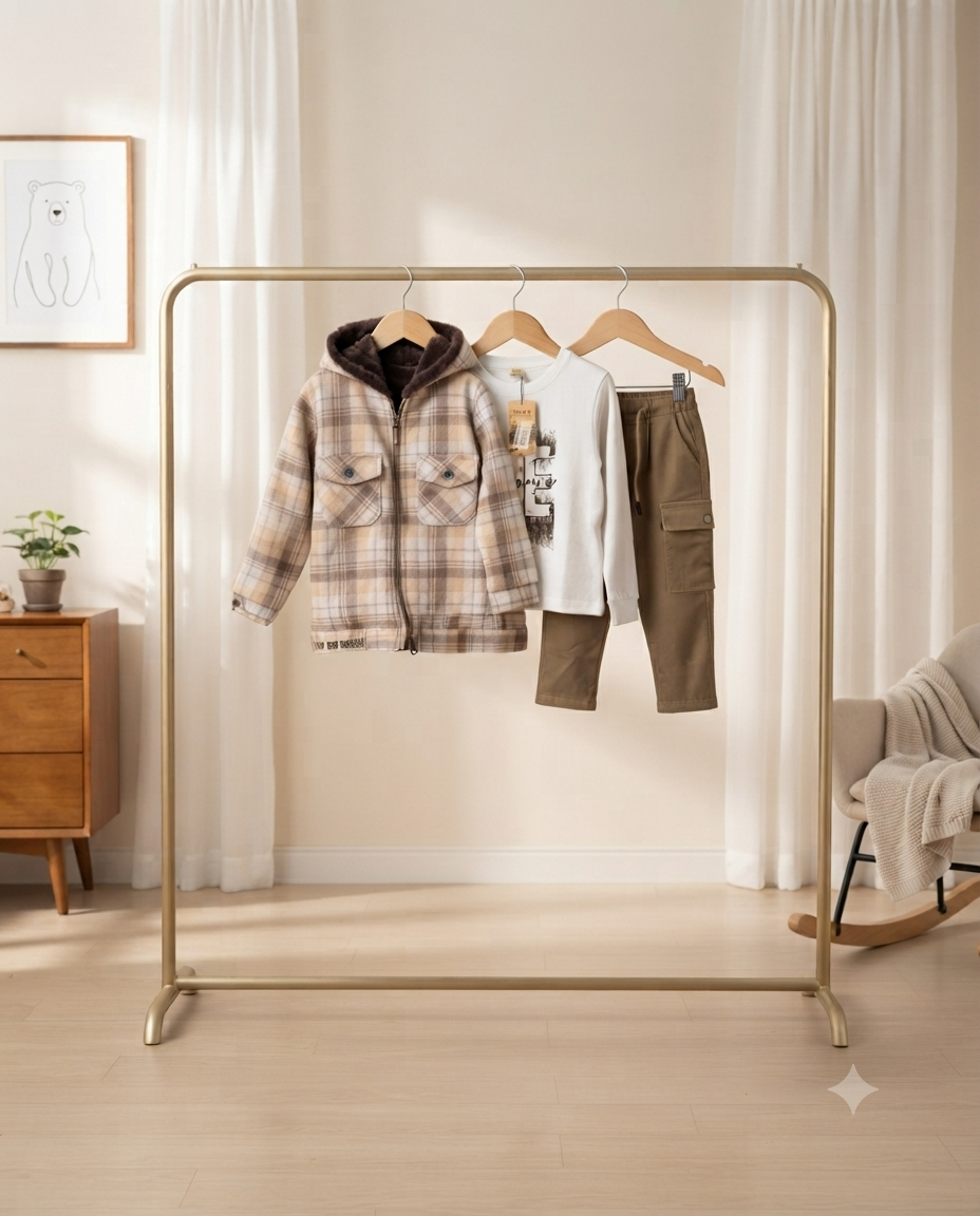 Charming Beige Plaid Hooded Jacket White T-Shirt And Cargo Trousers 3-Piece Set