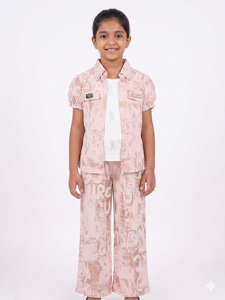 Chic Beige Girls Denim Co-ord Set – 3-Piece Printed Shirt, Inner & Wide-Leg Trouser