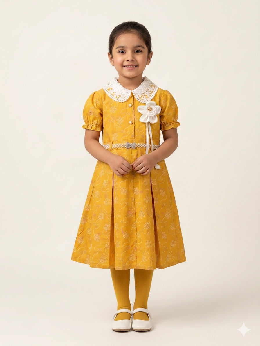 Elegant Girls Lace Collar Floral Pleated Party Dress with Pearl Belt and Floral Corsage
