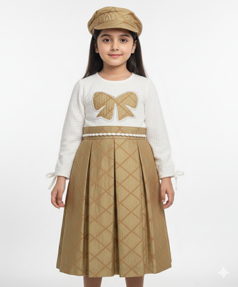 Elegant Girls’ Two-Tone Plaid Bow Dress with Matching Newsboy Cap – Chic Three-Piece Set