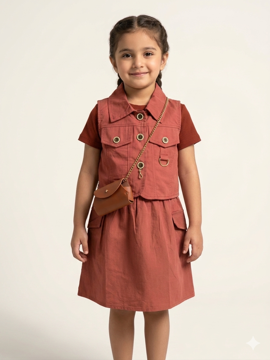 Stylish Utility Cargo Vest and Skirt Set for Girls with Matching Mini Bag