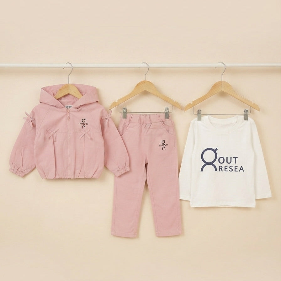 Kids 3 Piece Outfit Set Cute Hooded Jacket Pants And Printed T Shirt