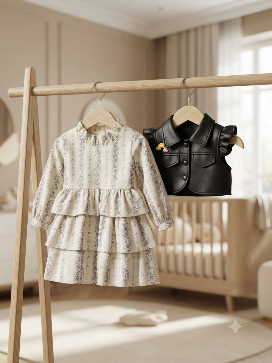 Chic Toddler Girl Floral Print Tiered Dress With Stylish Matching Faux Leather Vest Outfit