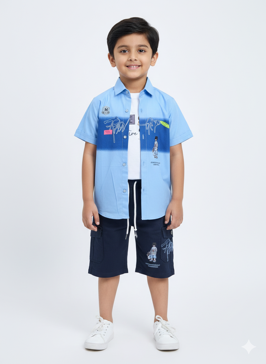 Boys Cool Blue Summer Set: Graphic Shirt & Navy Cargo Shorts