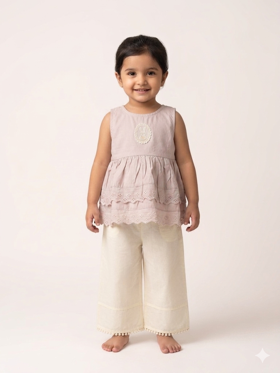 Elegant Toddler Girls Eyelet Lace Sleeveless Peplum Top and Wide Leg Embroidery Pant Set